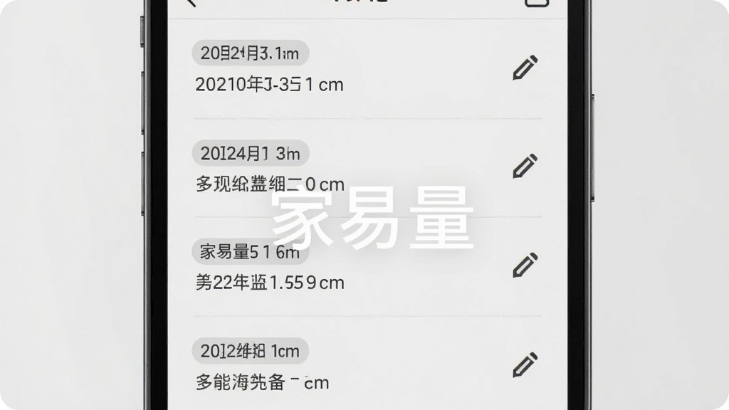 主体为手机屏幕展示测量记录列表界面,布局为列表条目纵向排列、每条记录带尺寸数字与备注文字,排版整齐清爽,风格为简约UI界面展示风,细节包含日期标签、厘米单位、编辑图标,画质高清干净,画面中打文字“家易量”