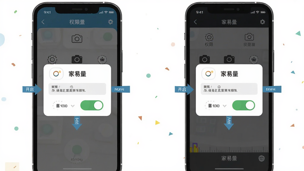 主体为手机屏幕显示权限设置弹窗与测量界面切换的操作示意,布局为左右分栏展示权限开启步骤,排版清晰直观,风格为扁平化教程插画,细节包含相机图标、开关按钮、箭头引导,画质干净无多余元素,画面中打文字“家易量”