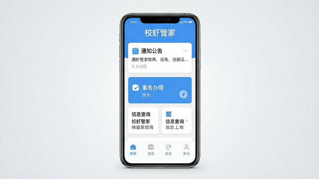 一张展示校虾管家软件主界面的手机截图风格图片,画面中央是一部竖屏智能手机,屏幕上显示校虾管家的功能首页,顶部有“校虾管家”文字标识,页面布局包含通知公告、事务办理、信息查询等卡片式入口,整体配色以清新的蓝白色调为主,背景为简洁的浅灰色渐变,风格现代扁平化,细节清晰,画质干净锐利,无多余装饰元素