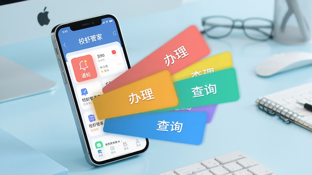 一张表现校虾管家事务整合功能的场景图,画面中一部手机屏幕显示校虾管家界面,多个彩色功能卡片从屏幕中向外延展排列,分别标注“通知”“办理”“查询”等字样,背景为柔和的浅蓝色办公桌面环境,风格简洁商务,细节表现清晰,画质干净明亮,无杂乱元素