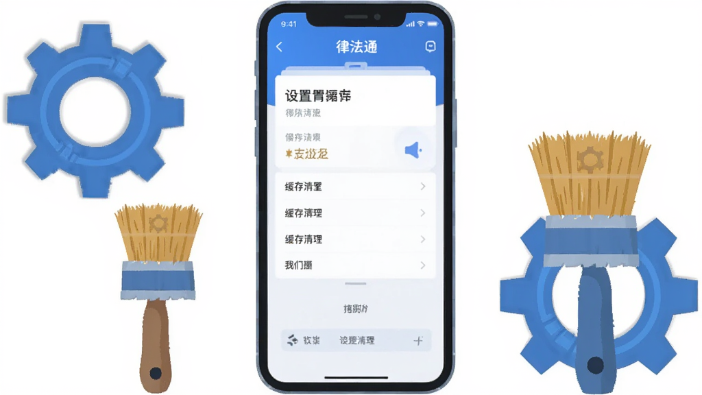 主体为手机屏幕显示“律法通”应用设置与缓存清理界面,旁边放置一把小刷子和齿轮图标装饰;布局为手机居中,齿轮与刷子分列两侧;排版简洁对称;风格为扁平化科技插画风;细节包括齿轮齿纹、刷子毛质、屏幕界面文字清晰;画质干净清爽,无多余元素