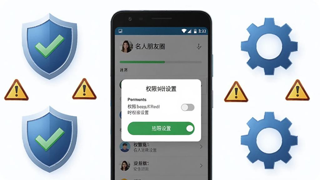 主体为一部安卓手机屏幕显示“名人朋友圈”安装进度条与权限设置弹窗;布局为手机居中、周围环绕盾牌与齿轮图标;排版突出安装按钮与权限开关;风格为科技安全风;细节包含绿色对勾与警示标识;画质清晰、画面整洁、无多余元素