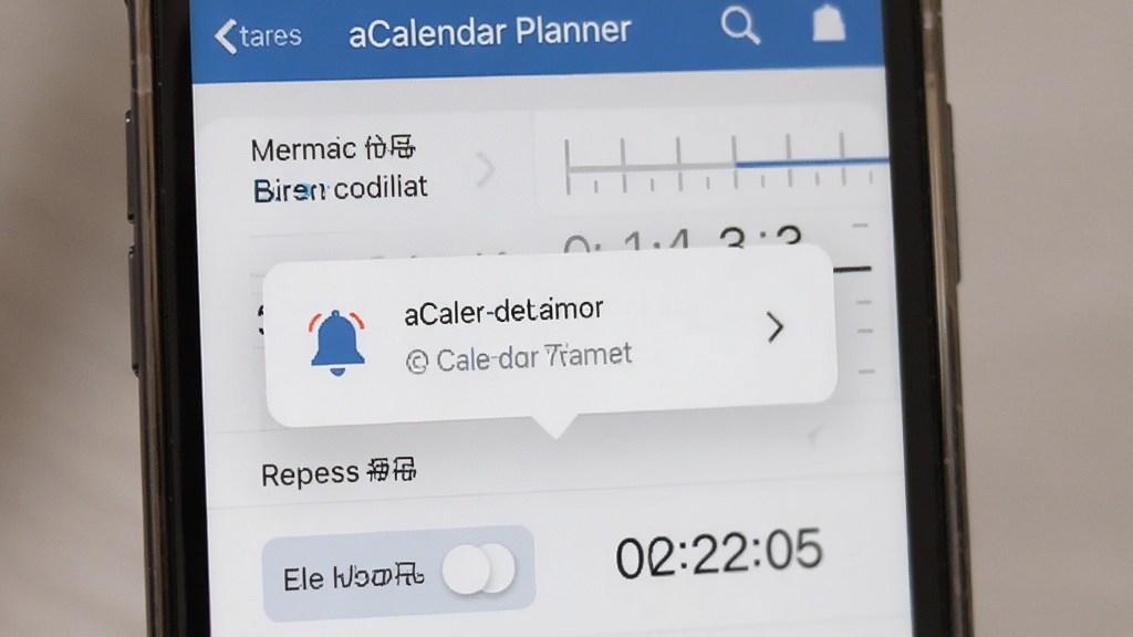 主体为aCalendar Planner的提醒设置界面,布局为手机屏幕特写居中,排版突出提醒时间选项与重复周期选择,风格为简洁UI展示风,细节包括弹窗式提醒卡片、铃铛图标与时间刻度,画质清晰干净,无多余元素