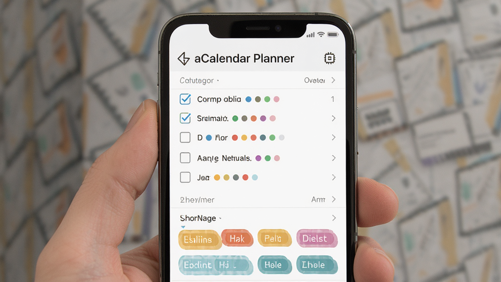 主体为aCalendar Planner的待办清单与彩色标签界面,布局为手机屏幕居中展示清单列表与标签色块,排版清晰分层,风格为扁平化设计风,细节包括勾选框、彩色圆点标签与分类名称,画质干净明亮,无多余元素