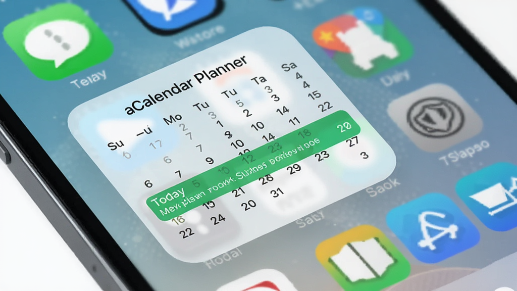 主体为aCalendar Planner桌面小部件展示,布局为手机主屏幕特写,排版突出日历小部件与图标排列,风格为清新桌面美化风,细节包括半透明月历小部件、今日日程条与彩色应用图标,画质清晰干净,无多余元素
