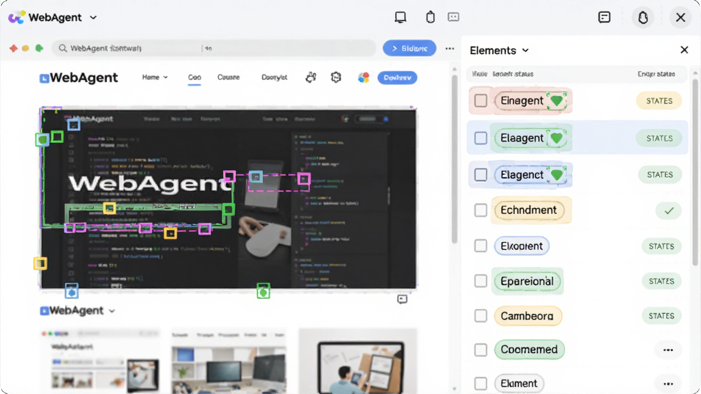 ��������ΪWebAgent������������ҳԪ�ر�������ע��ʾ��ͼ������Ϊ�����ҳ����ͼ���Ҳ�Ԫ���б������Ϊ��ˬ�Ƽ��磻ϸ�ڰ�����ɫ������Ԫ�ر�ǩ��ʶ��״̬ͼ�ꣻ�����������ɾ����޶���Ԫ��
