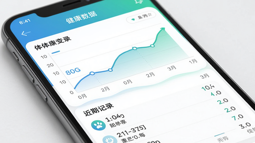 一张AI生成的图片,画面为日常养宠软件的健康数据页面,页面中展示一条体重变化折线图,图表下方列有近期记录条目,整体布局清晰,风格简约专业,配色以蓝绿渐变与白色为主,画质细腻,干净无多余元素