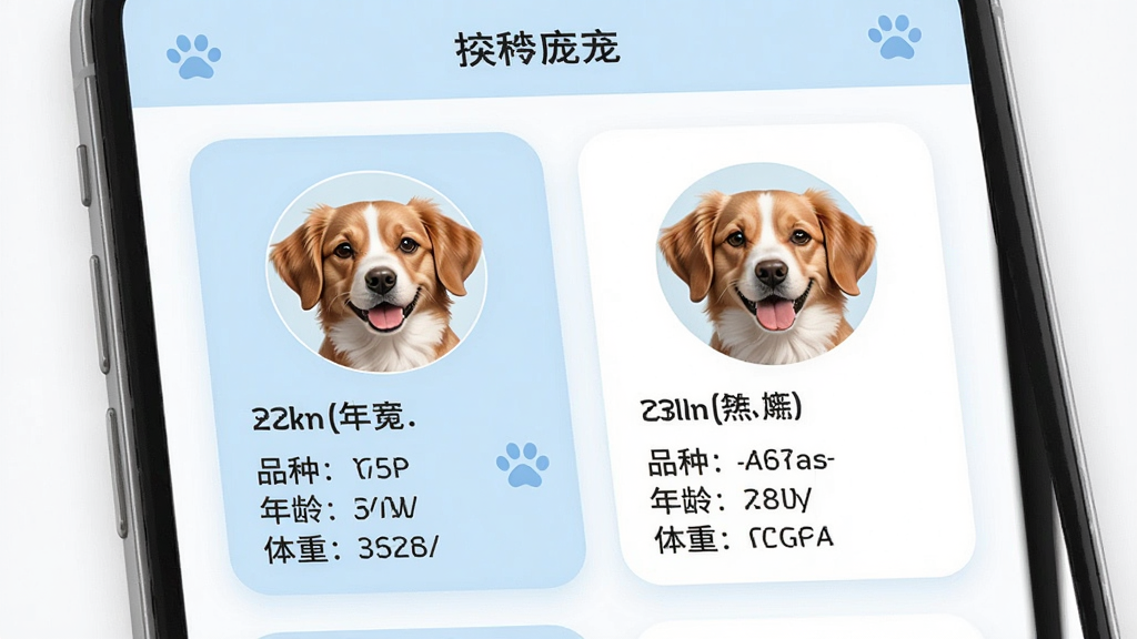 一张AI生成的图片,画面主体为日常养宠软件的宠物档案页面,页面中展示两只宠物的头像卡片,每张卡片上标注昵称、品种、年龄与体重信息,布局整齐,风格清新柔和,配色以浅蓝与白色为主,细节清晰,画质干净,无多余装饰元素