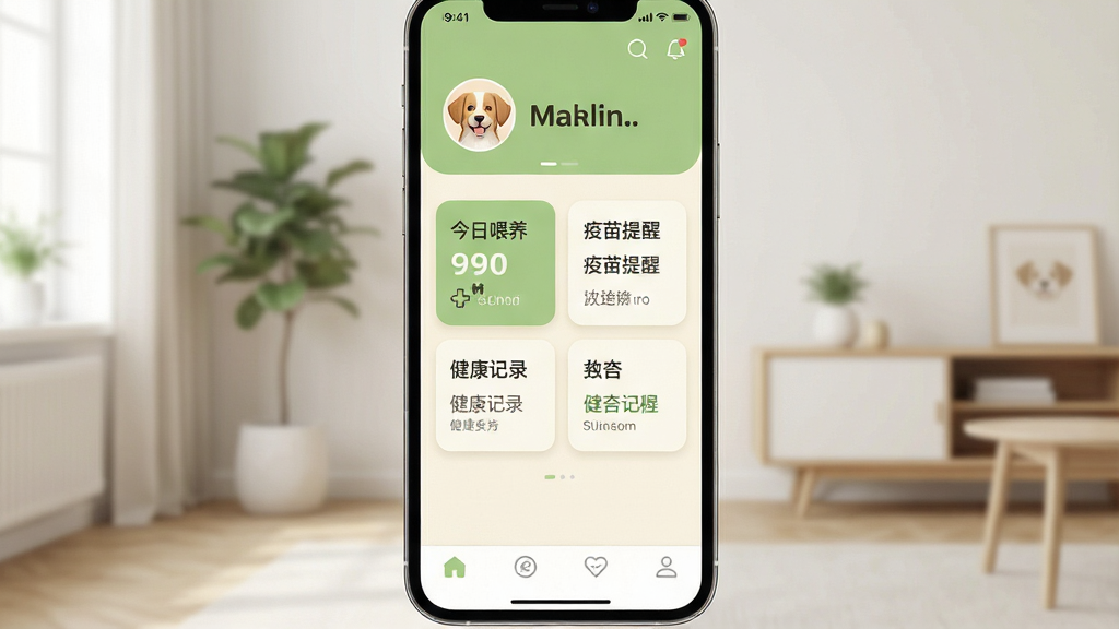 一张展示手机屏幕的图片,屏幕中显示日常养宠软件的主界面,界面布局清晰,上方有宠物头像与名字,中部为今日喂养、疫苗提醒、健康记录等卡片式功能入口,下方为底部导航栏,整体风格温馨清爽,配色以浅绿与米白为主,背景为简约的室内家居环境,画质清晰,干净无多余元素