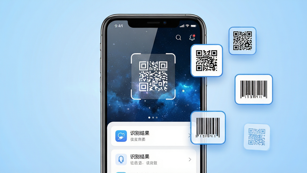主体为一部智能手机居中放置,屏幕显示星云销应用主界面,界面中包含扫码框与识别结果列表;布局采用左右分栏,左侧为手机正面展示,右侧悬浮若干二维码与条形码图标环绕;排版简洁居中,背景为浅蓝色渐变;风格为现代科技感扁平化设计;细节上手机屏幕带有轻微反光,图标边缘清晰锐利,整体色调以蓝白为主;画质高清,画面干净,无多余元素