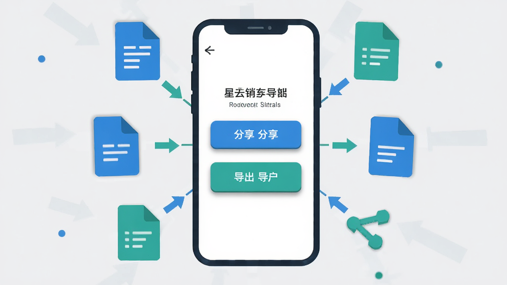 主体为星云销应用的结果导出界面截图风格插画,画面中央为手机屏幕显示分享与导出按钮,周围环绕文档图标与分享箭头;布局为居中放射状;排版突出导出功能;风格为扁平化UI插画;细节上按钮带有轻微阴影,图标配色为蓝绿搭配,背景为浅灰纯色;画质高清,画面干净,无多余元素
