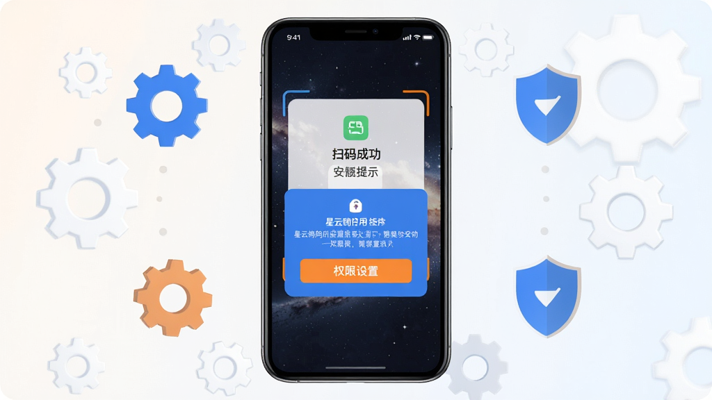 主体为星云销应用在手机屏幕上的运行画面,画面中展示扫码成功提示与权限设置弹窗;布局为手机居中,周围环绕齿轮图标与盾牌图标象征设置与安全;排版突出避坑与安全主题;风格为简洁信息图风格;细节上弹窗按钮清晰,配色以蓝色和橙色点缀,背景为浅色渐变;画质高清,画面干净,无多余元素