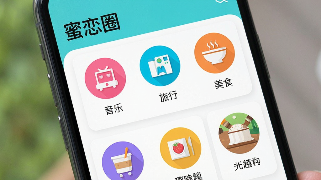 一张展示手机应用兴趣圈子列表的界面图,画面中“蜜恋圈”顶部标题清晰可见,下方排列多个彩色圆形图标代表不同话题圈子,如音乐、旅行、美食等,每个图标旁配有简短文字标签,界面采用卡片式布局,风格活泼明快,细节丰富,画质干净清晰
