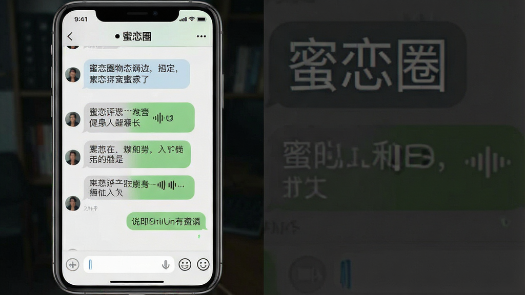 一张手机聊天界面示意图,屏幕上方显示“蜜恋圈”聊天窗口标题,中间为对话气泡列表,包含文字与语音消息,底部为输入框与表情按钮,整体界面采用浅色主题,布局规整,风格清爽,细节清晰,画质干净