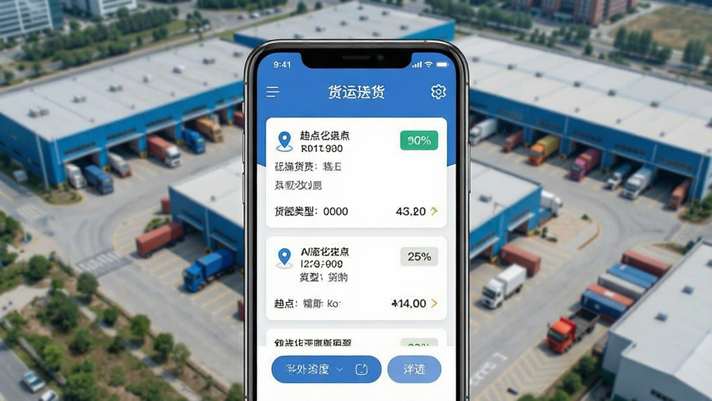 一张表现智能货源匹配功能的图片,画面中心为手机屏幕显示货运送货司机接单软件首页,屏幕上排列多个货源订单卡片,每张卡片标注起点终点、货物类型与运费信息,背景为城市物流园区俯瞰图,布局为手机居中特写,风格科技简约,细节包括定位图标、匹配度百分比标签、筛选按钮,画质清晰,干净,无多余元素