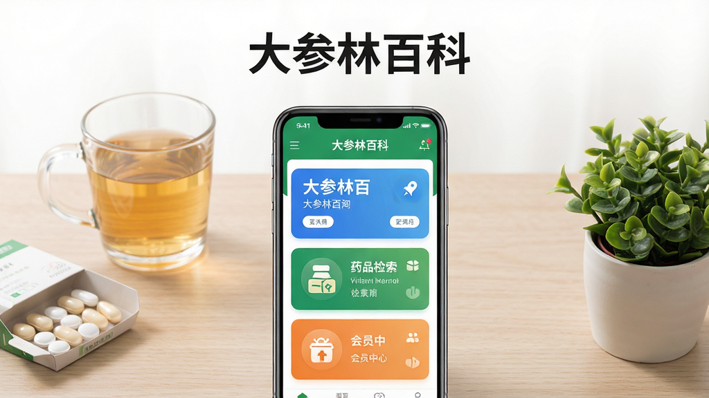 画面主体是一部竖屏智能手机,屏幕中展示“大参林百科”应用首页界面,包含门店查询、药品检索、会员中心三个功能入口卡片;手机居中放置于浅色木纹桌面,左侧搭配一盒药片与一杯温水,右侧摆放一盆小型绿植;排版采用居中构图,上方留白区域放置应用名称“大参林百科”字样;风格为清新写实的产品展示风,光线柔和均匀,细节清晰,画质高清,画面干净无多余元素