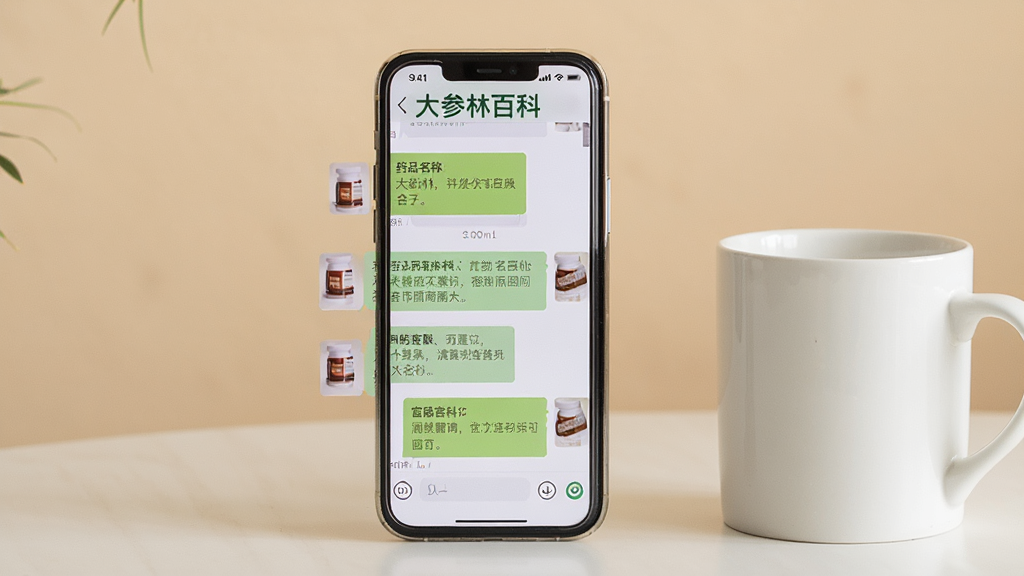画面主体是一部手机屏幕显示“大参林百科”在线咨询对话界面,聊天气泡中包含药品名称与客服回复内容;手机竖立放置于浅色桌面,右侧搭配一个白色马克杯;排版为正面平视构图,背景为柔和米色;风格为温馨写实的生活场景风,光线自然,细节清晰,画质高清,画面干净无杂乱物品