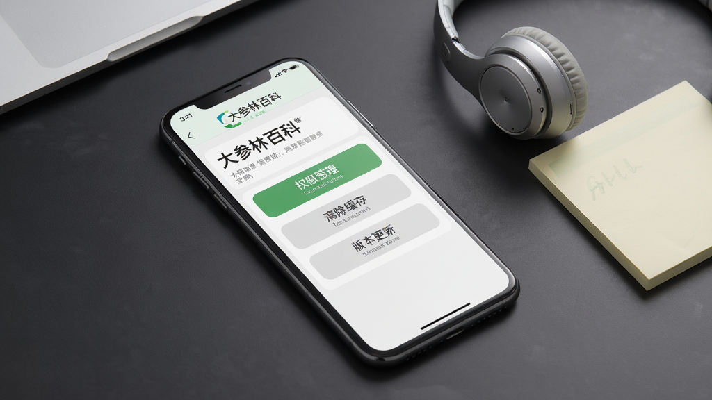 画面主体是一部手机显示“大参林百科”设置页面,页面中包含权限管理、清除缓存、版本更新三个选项按钮;手机平放于深灰色桌面,旁边放着一副耳机与一张便签纸;排版为俯视微倾斜构图,背景为简洁的办公桌面;风格为干净的产品说明风,配色以白灰为主,细节清晰,画质高清,画面无多余杂物
