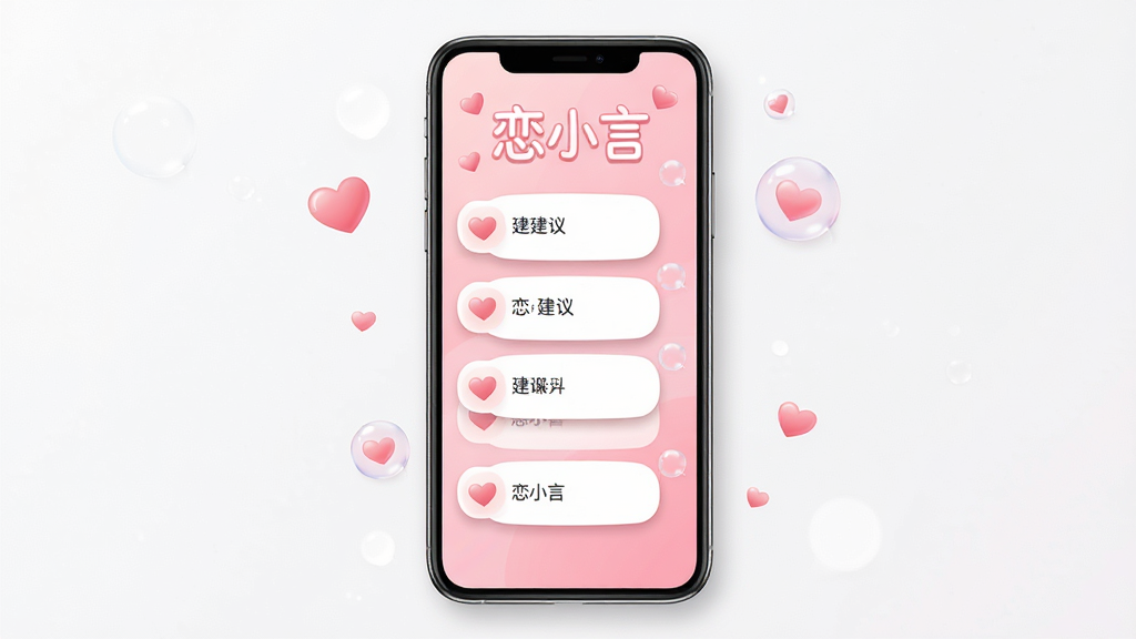 恋爱聊天辅助软件恋小言主界面展示,手机屏幕居中放置,屏幕内显示简洁的聊天建议列表和柔和粉色渐变背景,周围点缀爱心和小气泡元素,布局左右留白均衡,排版上方为软件名称“恋小言”艺术字,整体风格清新甜美,细节包含圆角卡片和柔和阴影,画质高清,画面干净无多余元素