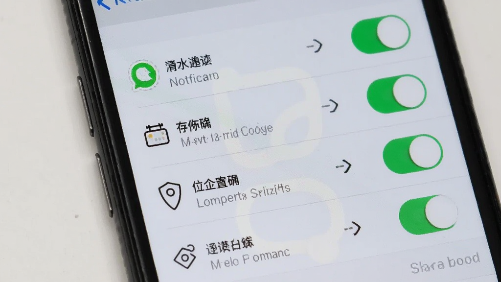 手机屏幕显示应用权限设置界面,包含通知、存储、位置等开关选项,界面简洁,布局为列表式,浅灰色调,细节清晰,画质干净