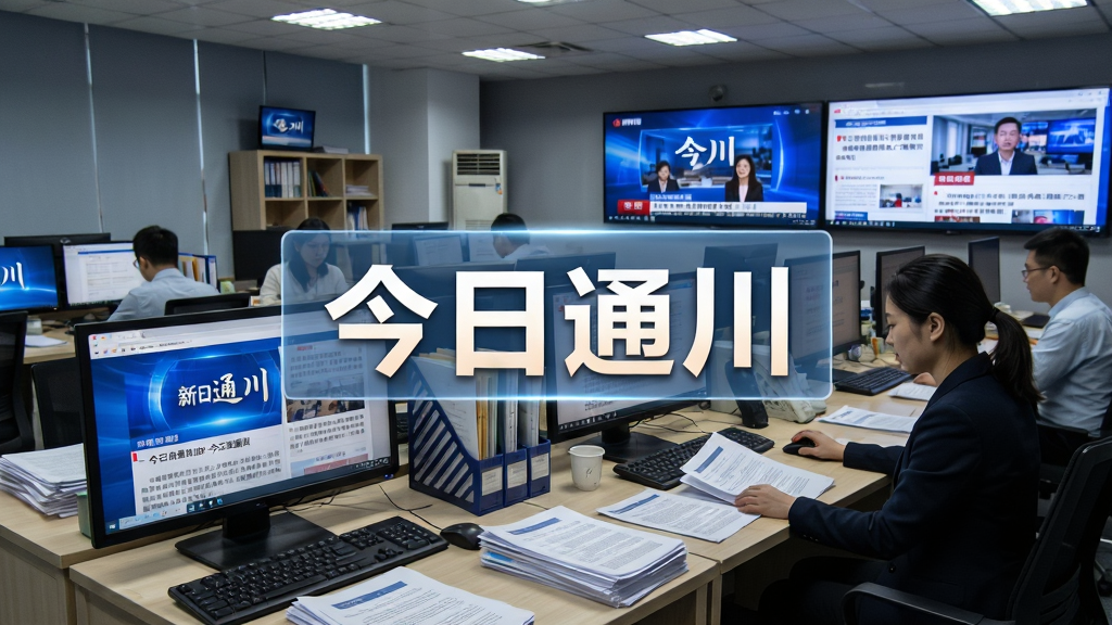 新闻编辑室内多块屏幕显示不同新闻版面,编辑人员正在整理稿件,画面中央有“今日通川”字样的新闻标题浮层,布局为横向工作台场景,写实风格,细节丰富,画质干净