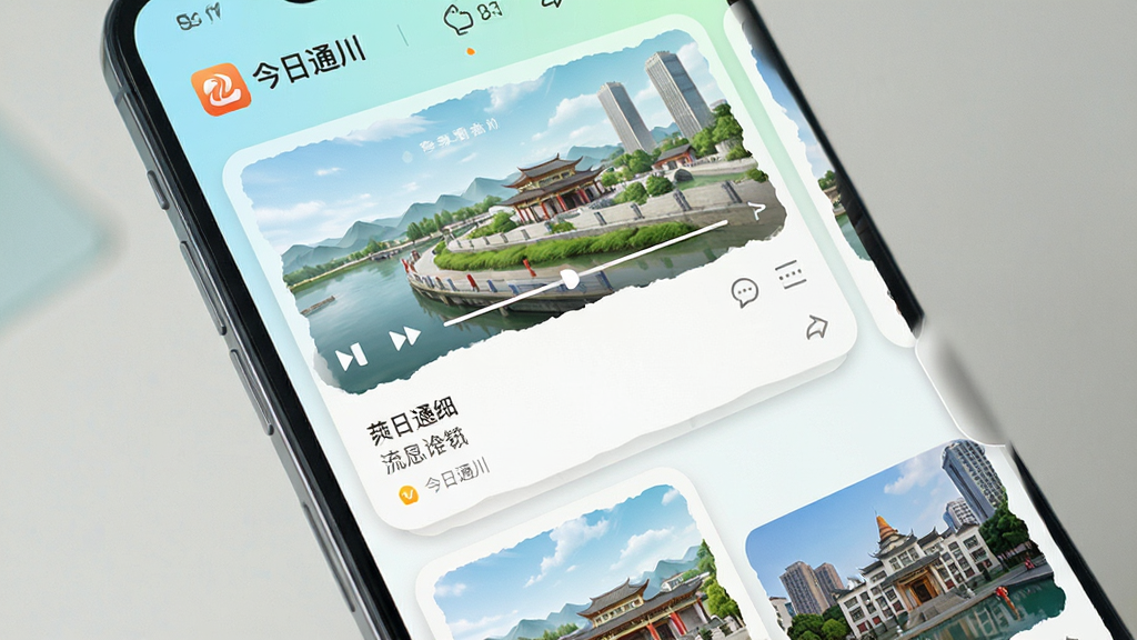 手机界面展示视频播放与图文资讯混合排列的信息流,画面中有“今日通川”应用标识,布局为上下滑动卡片式,清新浅色风格,细节清晰,画质干净,无多余元素