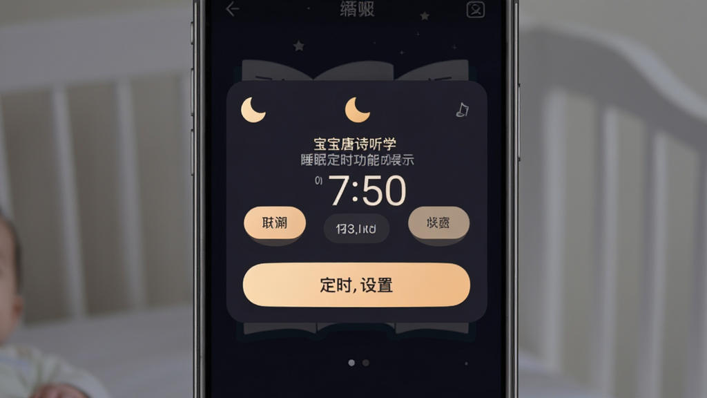 宝宝唐诗听学睡眠定时功能展示,主体为手机应用中的定时设置弹窗界面,布局为居中弹窗加时间选项按钮,排版紧凑,风格为夜间模式深色背景配柔和暖色按钮,细节包含月亮图标和倒计时数字,画质高清,画面干净,无多余元素