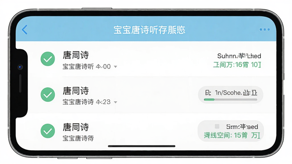 宝宝唐诗听学离线缓存功能界面,主体为手机应用中的下载管理页面,布局为列表式展示已缓存唐诗条目,排版规整,风格为清爽浅色系,细节包含下载完成勾选图标和存储空间提示条,画质清晰,画面干净,无多余元素
