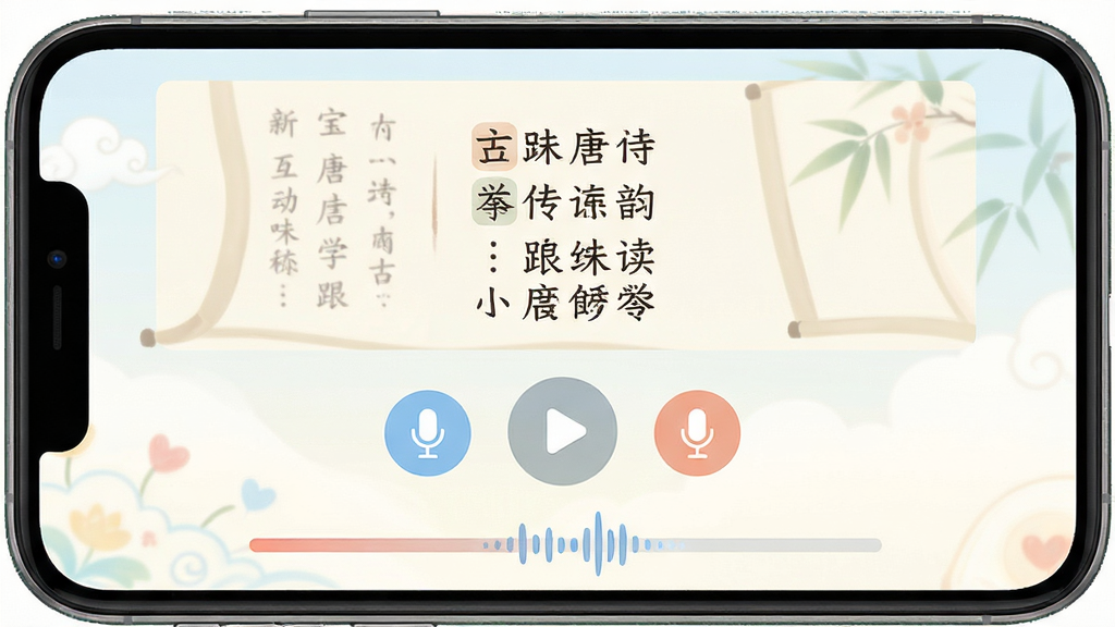 宝宝唐诗听学跟读互动功能展示,主体为手机应用中的朗读跟读界面,布局上方为古诗文字展示区,中间为播放与录音按钮,下方为进度条,排版简洁直观,风格为柔和儿童配色,细节包含麦克风图标和波形动画示意,画质高清,画面干净,无多余元素