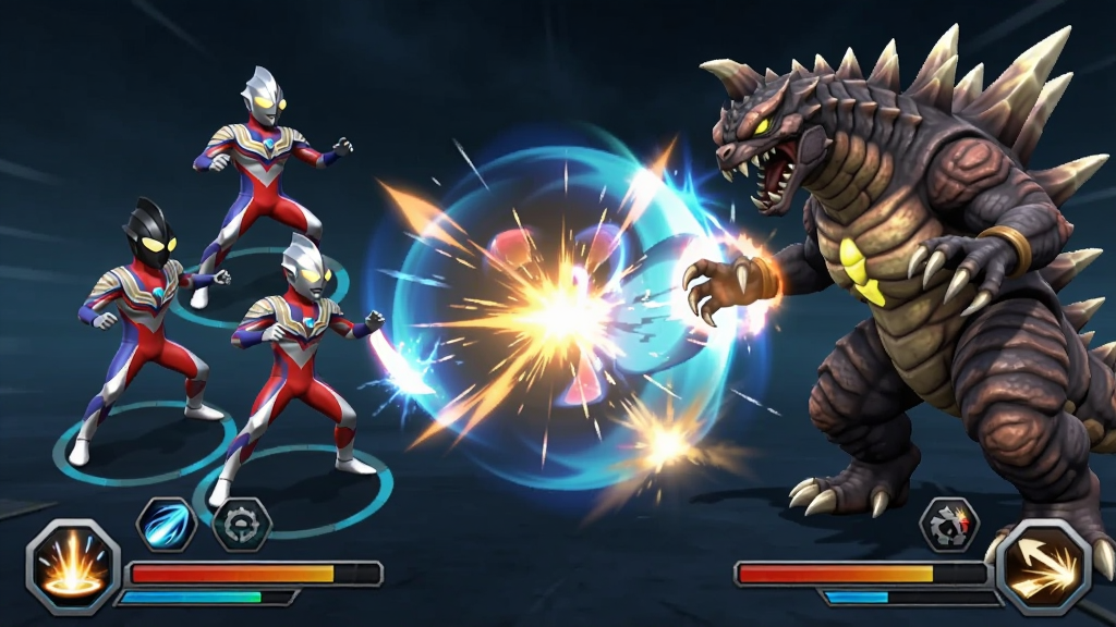 画面展示游戏战斗场景,画面分为左右两方阵营,左侧是三个奥特曼角色呈三角阵型排列,右侧是一只巨大的怪兽,画面中央有技能特效光效,底部有技能按钮和血条界面,整体风格为手游战斗截图,色彩对比鲜明,动感十足,画质清晰,干净整洁,无多余元素