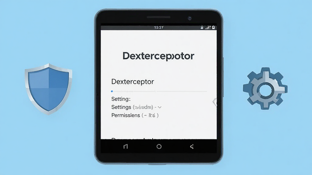 一部安卓手机显示“Dexterceptor”设置与权限引导页面,旁边有盾牌图标与齿轮图标,画面以浅蓝背景衬托,扁平化风格,细节清晰,构图干净无多余元素