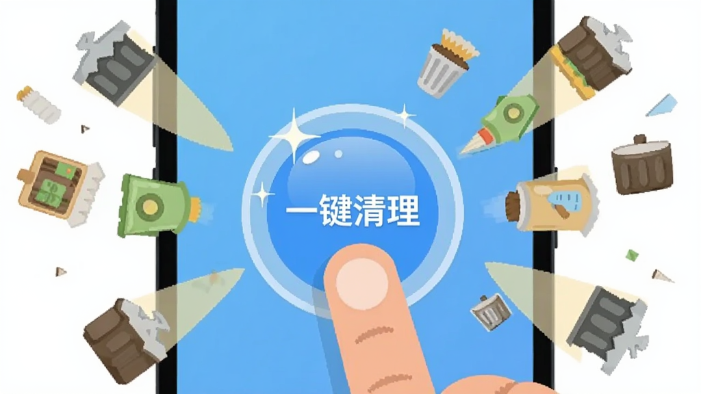 画面主体为一只手指点击手机屏幕上的圆形清理按钮,按钮周围散开被清理的垃圾图标碎片,布局为手机居中、碎片向四周飞散,风格为明快扁平化插画,细节包含按钮高光与碎片拖尾效果,画质干净清晰,无多余元素,图片中文字标注“一键清理”