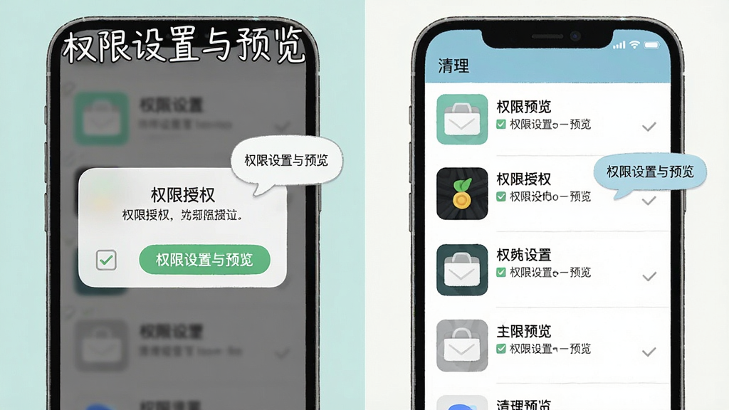 画面展示手机屏幕弹出权限授权对话框与清理预览列表并列排布,布局为左右分栏对比构图,风格为清新教程示意插画,细节包含勾选框与提示气泡,画质干净清晰,无多余元素,图片中文字标注“权限设置与预览”