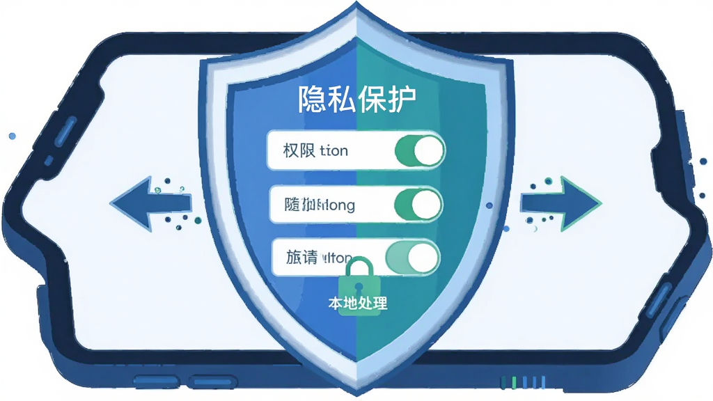 画面中心为盾牌图标与手机轮廓结合,盾牌表面显示权限开关列表与本地处理标识,布局为盾牌居中、手机轮廓环绕,风格为安全主题扁平插画,细节包含锁形图标与数据不外传箭头,画质干净清晰,无多余元素,图片中文字标注“隐私保护”