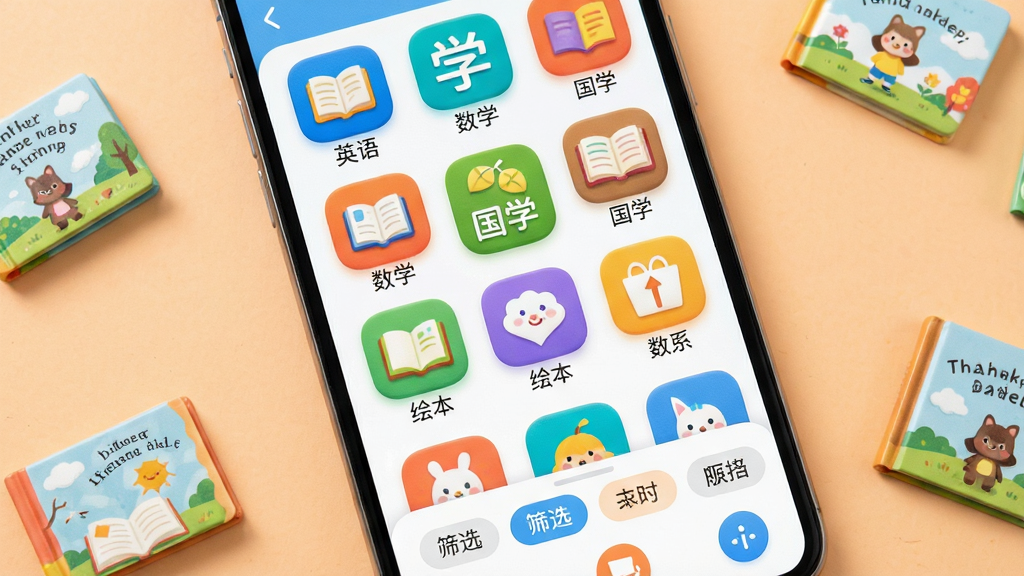 画面主体是易读宝点读软件的资源分类页面,手机屏幕上呈现网格状图书分类图标,包括英语、数学、国学、绘本等彩色图标,每个图标下方有文字标签,屏幕下方有筛选标签栏。布局为手机正面展示,背景为柔和的浅橙色,手机周围散落着几本迷你绘本作为装饰。排版风格为清新卡片式UI展示风。细节上图标为圆角矩形,配色活泼但不刺眼,筛选标签为胶囊形状。画质高清,画面干净,无多余元素。