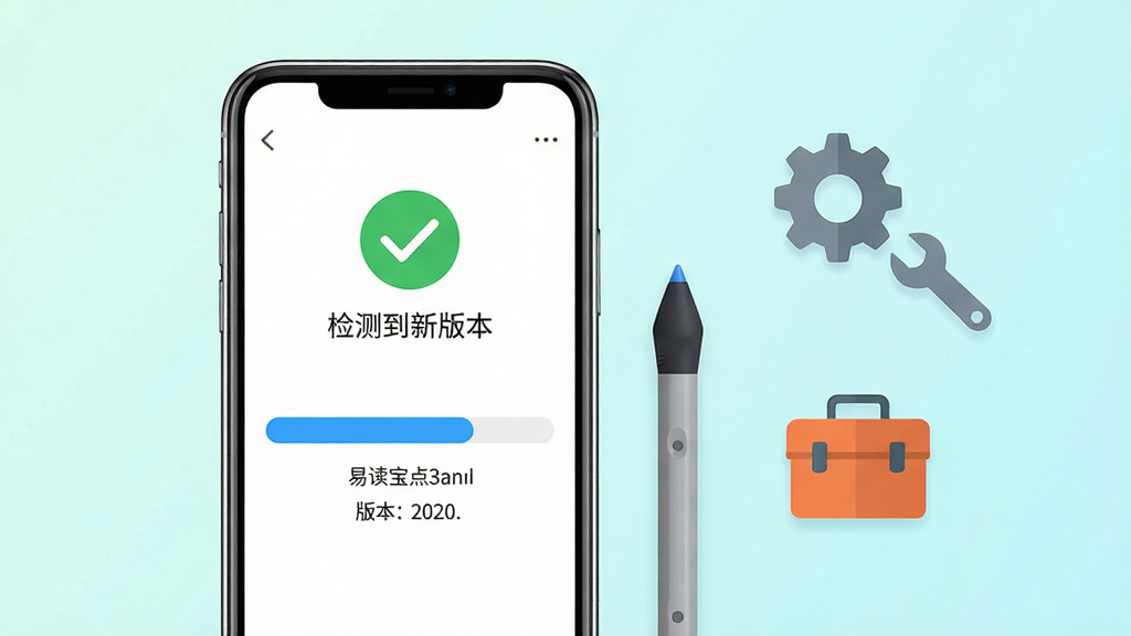 画面主体是易读宝点读软件的固件升级界面,手机屏幕上显示升级进度条和版本号信息,屏幕上方有绿色的对勾图标表示检测到新版本,手机旁边放着一支点读笔和一个小工具箱图标。布局为手机居中偏左,右侧悬浮着齿轮和扳手元素象征设置与维护。排版风格为简洁的工具类应用展示风,背景为淡青色渐变。细节上升级进度条为蓝色填充,版本号文字清晰,工具箱图标为扁平化设计。画质高清,画面干净,无多余元素。