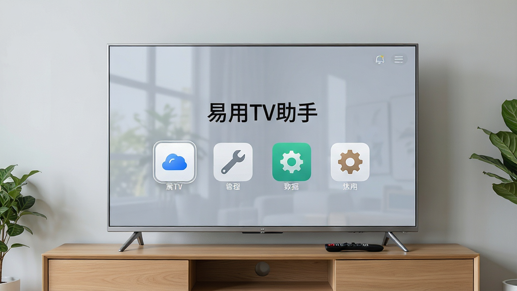 主体为一台大屏智能电视放置在简约木质电视柜上,屏幕中显示简洁的工具类应用界面,界面中央有“易用TV助手”字样与几个功能图标;布局为居中构图,电视位于画面正中,两侧留有干净的空间;排版突出电视屏幕内容,背景为浅灰色墙面与少量绿植点缀;风格为现代简约家居风,光线柔和自然;细节包括电视边框的金属质感、遥控器放在柜面上、屏幕反光自然;画质清晰锐利,干净整洁,无多余元素
