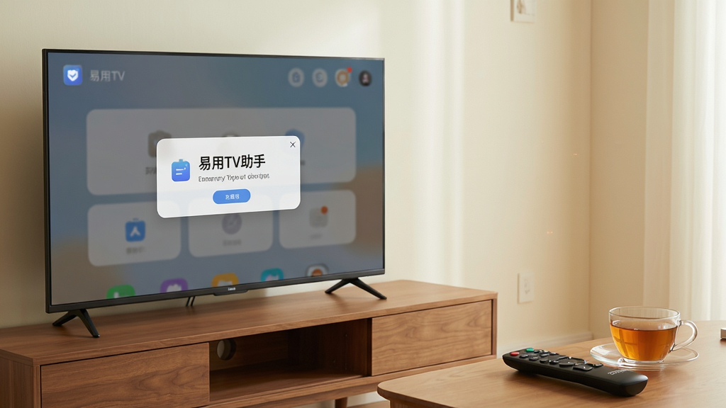 主体为一台智能电视旁放置遥控器与一杯茶,电视屏幕上显示“易用TV助手”的简洁界面与提示弹窗;布局为电视位于画面左侧偏中,遥控器在右下角;排版自然生活化;风格为温馨家居场景;细节包括电视柜木纹、墙面浅色、屏幕中弹窗的圆角设计;画质柔和清晰,画面干净,无多余杂物