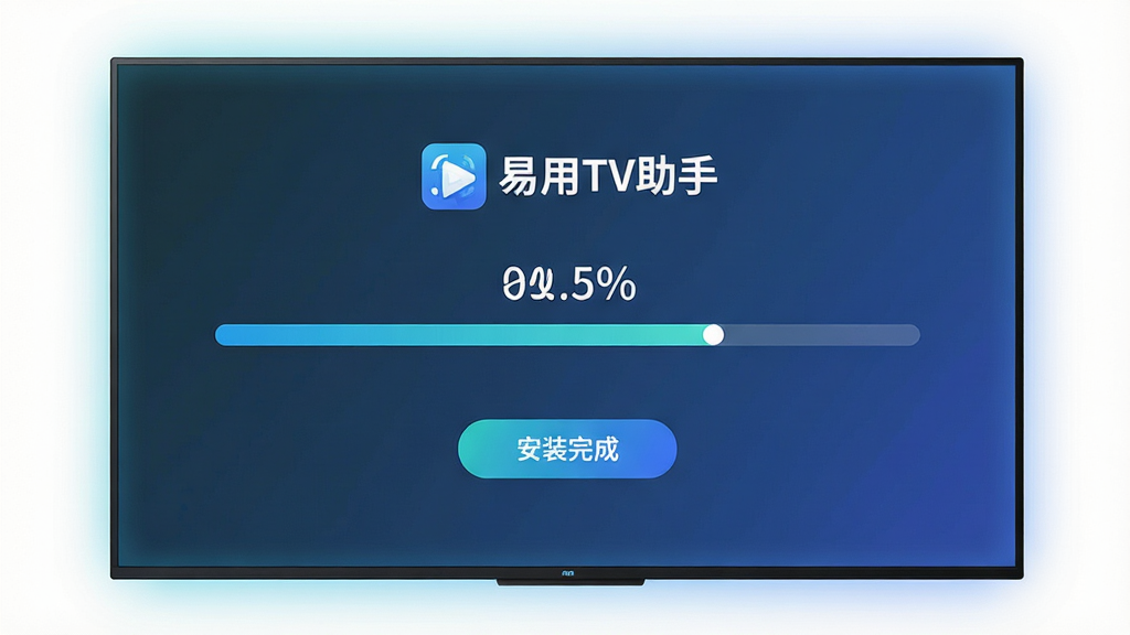 主体为一台智能电视屏幕特写,屏幕上显示应用安装进度条与“易用TV助手”标志;布局为屏幕居中占满画面,进度条横向贯穿屏幕中部;排版简洁,信息层级清晰;风格为科技感扁平化界面风;细节包括进度百分比数字、安装完成提示按钮、屏幕边缘的柔和光晕;画质高清,画面干净,无杂乱元素
