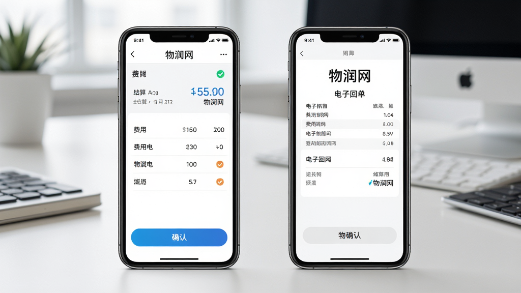 画面主体为物润网APP结算页面与电子回单界面,手机屏幕展示费用明细与确认按钮;布局为手机居中,背景为简洁办公桌面;风格为清爽商务风;细节包含数字金额、对勾图标、