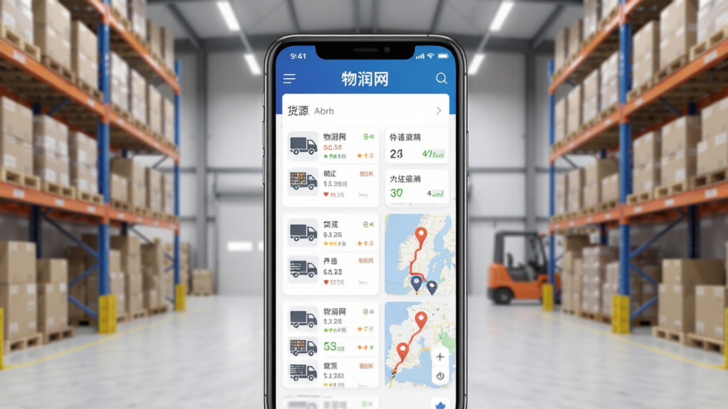 主体为一部智能手机,屏幕上显示物润网APP首页界面,包含货源列表与地图轨迹;布局为手机居中,背景为简洁的物流仓库场景;排版突出手机屏幕内容;风格为现代科技商务风;细节包含货车图标、定位标记、数据卡片,屏幕上方有