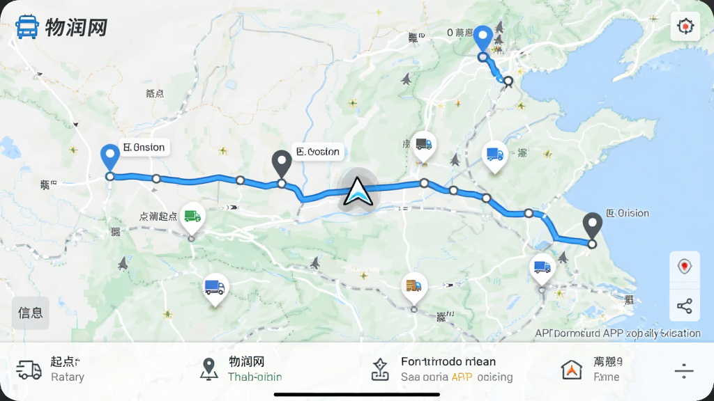 画面主体为物润网APP运输轨迹地图页面,展示货车行驶路线与多个节点标记;布局为全屏地图加底部信息栏;风格为简洁导航风;细节包含起点终点图标、实时位置光标、