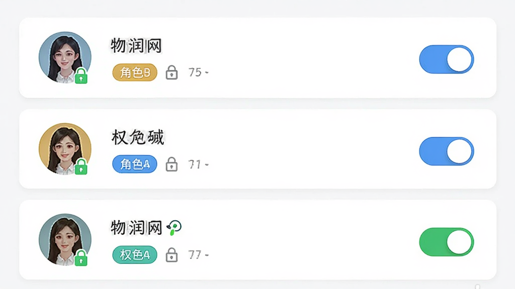 画面主体为物润网APP角色切换与权限设置界面,展示多个账号头像与权限开关;布局为列表式排版;风格为简约卡片风;细节包含锁形图标、角色标签、