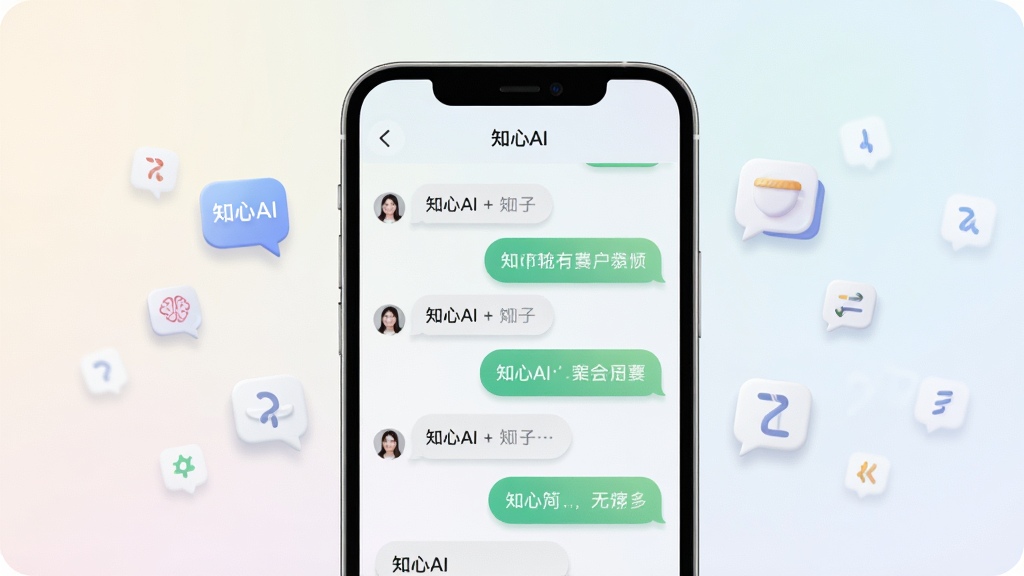 一部手机屏幕显示“知心AI”多轮对话气泡,用户与AI一问一答,气泡整齐排列,背景为柔和浅色渐变,手机旁漂浮对话图标与文字符号,构图居中,风格清新科技感,细节有圆角气泡、细腻阴影,画质高清干净无多余元素