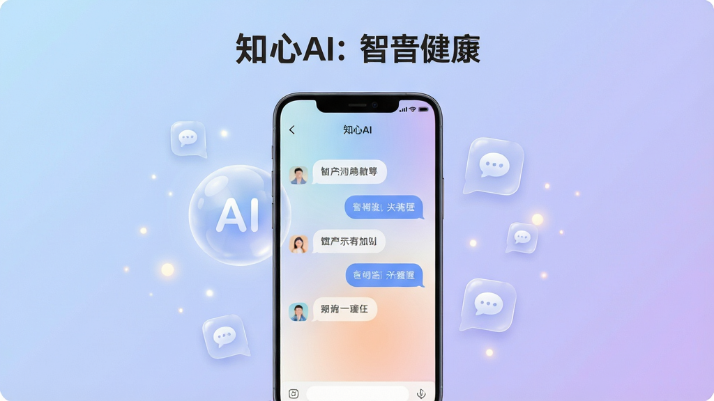 画面中央是一部竖屏安卓手机,屏幕上显示“知心AI”的聊天对话界面,界面里有简洁的对话气泡和柔和渐变背景,手机后方悬浮半透明的AI光球与对话图标,周围点缀柔光粒子;布局为居中对称构图,手机占画面主体,上方留出标题空间;排版清晰,主视觉突出手机屏幕内容;风格为现代科技感与温暖治愈风结合,浅蓝紫渐变背景,干净简洁;细节包括圆角图标、柔和阴影、细腻的玻璃质感;画质高清,干净,无多余元素
