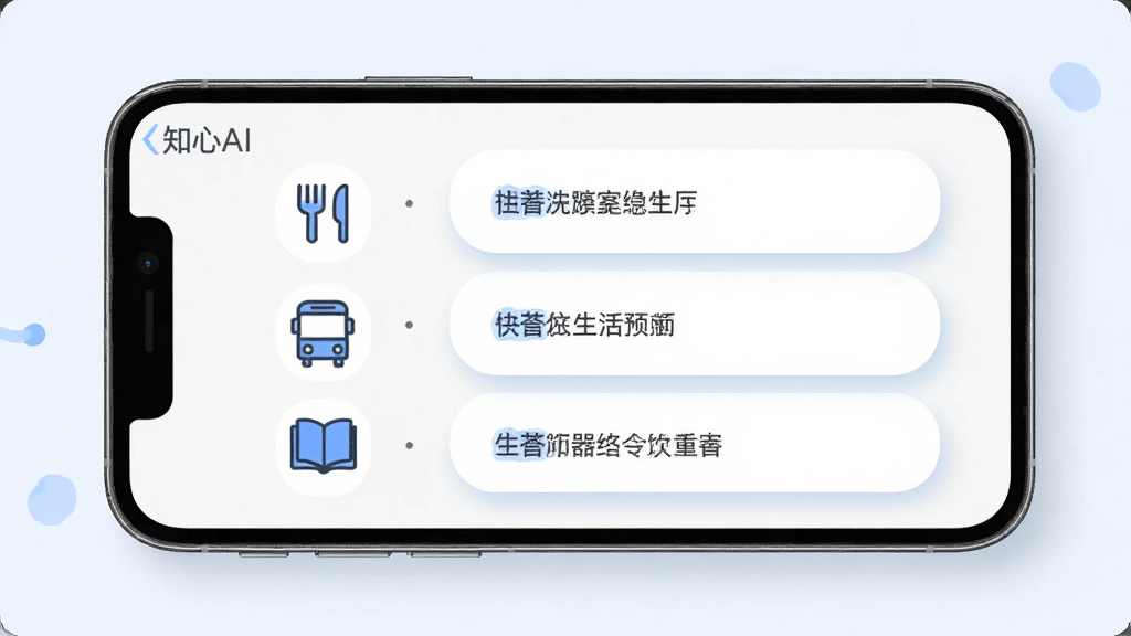 手机屏幕中显示“知心AI”问答界面,左侧为生活场景小图标如餐具、公交、书本,右侧为分点式回答卡片,整体布局左右分区,风格简洁明快,浅色背景配蓝色点缀,细节有卡片圆角与轻阴影,画质高清干净无多余元素