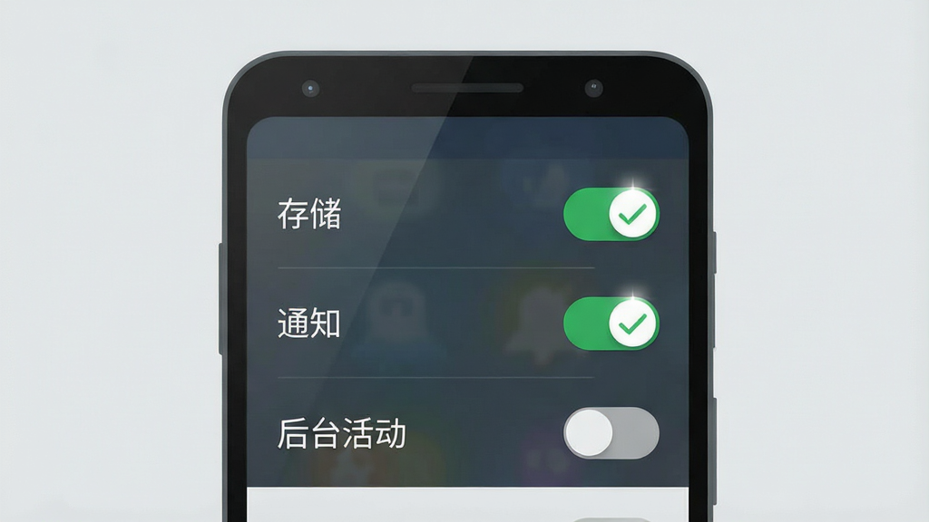 一张手机应用权限设置界面示意图,画面中是一部安卓手机,屏幕上列出“存储”“通知”“后台活动”三个权限开关,其中存储开关处于开启状态并带有绿色对勾,背景为浅灰色,主体位于画面中央,风格简洁商务扁平,细节处开关有轻微高光,画质清晰干净,无多余元素
