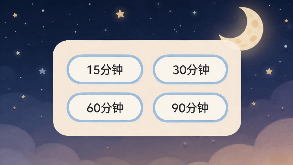手机屏幕显示睡眠定时设置面板,面板上有“15分钟”“30分钟”“60分钟”“90分钟”四个圆角按钮,背景是夜晚星空与月亮插画,主体面板位于画面中央,风格温馨柔和,细节处按钮带淡蓝描边,画质清晰干净,无多余元素
