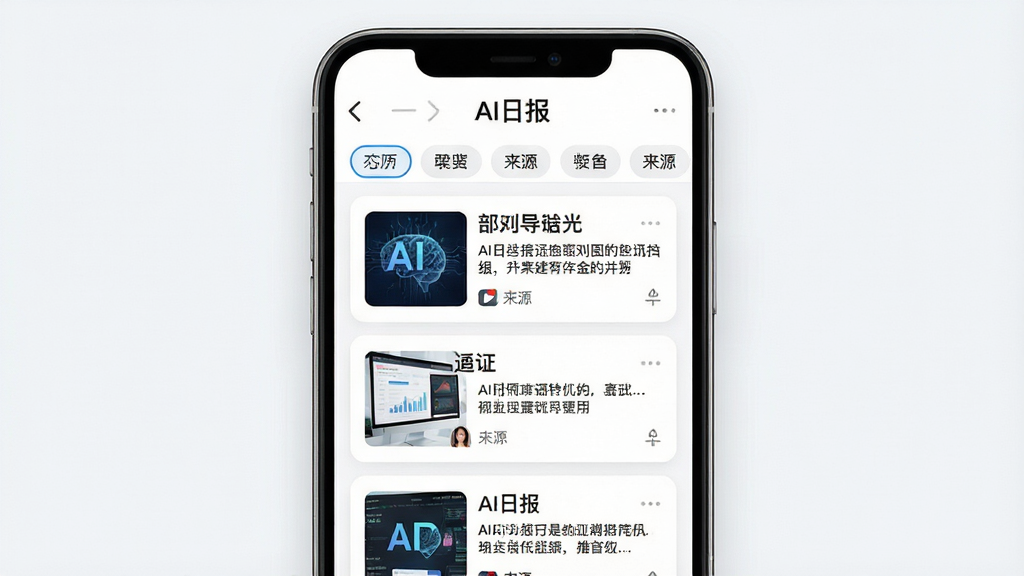 主体为AI日报应用内资讯聚合界面,布局为手机屏幕展示多张资讯卡片纵向排列,排版为顶部日期导航与下方分类标签,风格为清爽卡片式UI设计,细节为卡片含标题摘要与来源图标、屏幕中文字“AI日报”出现在顶部栏,画质高清、干净、无多余元素