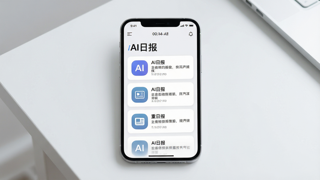 主体为一部智能手机屏幕显示AI日报应用界面,布局为手机居中放置于简洁桌面,排版为屏幕内展示资讯卡片列表与日期标题,风格为现代科技感扁平化设计,细节为屏幕中文字“AI日报”清晰可见、卡片含图标与摘要文字、背景干净浅灰,画质高清、干净、无多余元素